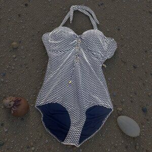 NEW Jessica Simpson Large One Piece Swimsuit Navy Textured Gold Underwire Modest